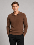 Men wearing brown wool Johnny collar polo sweater long sleeve fall winter business casual style