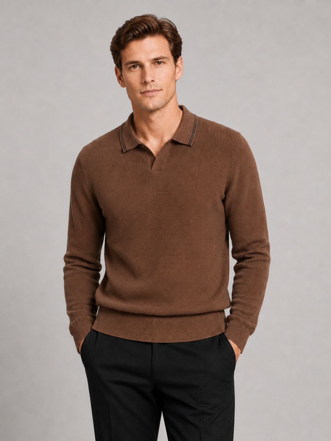 Men wearing brown wool Johnny collar polo sweater long sleeve fall winter business casual style