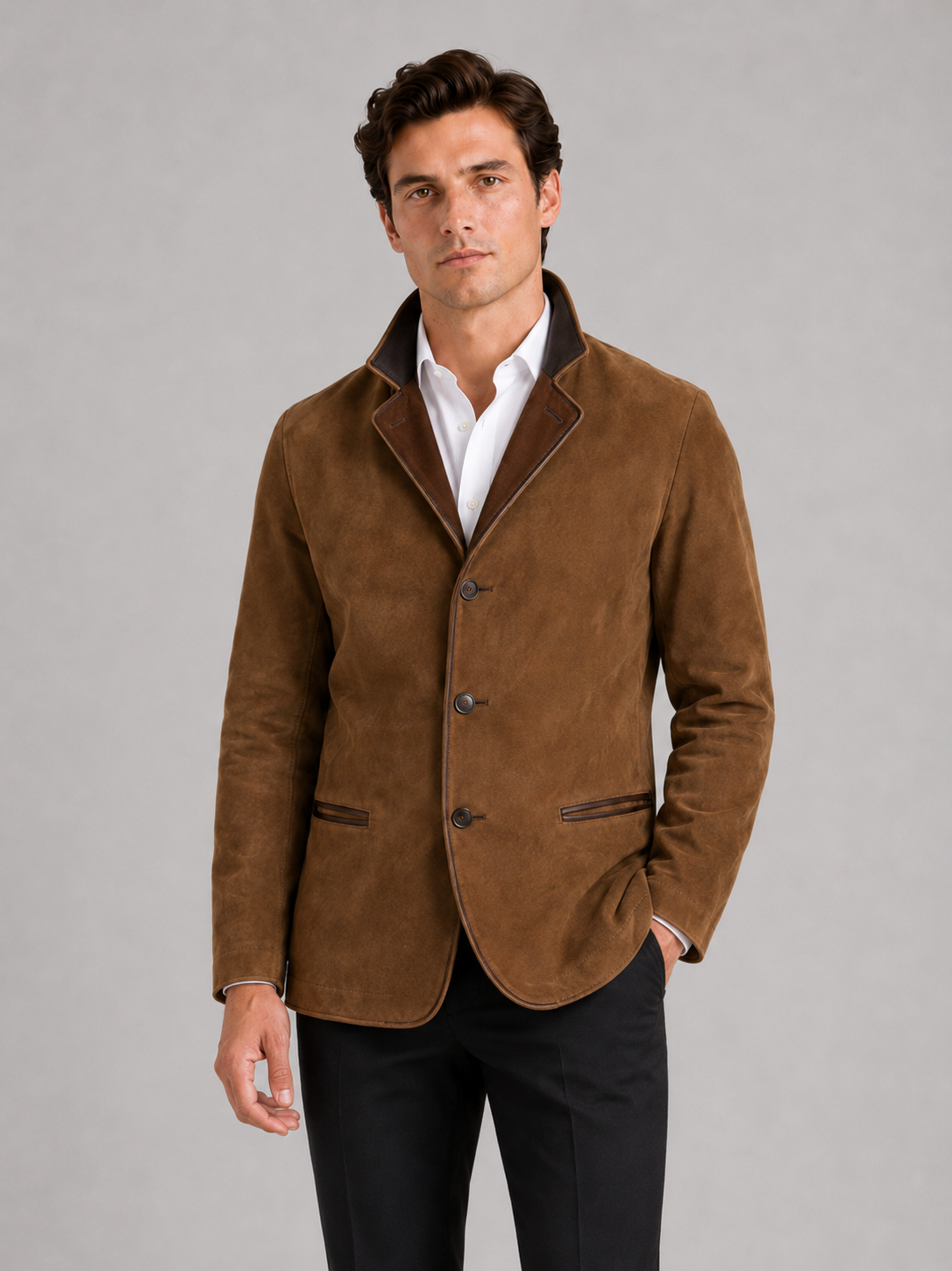 Men wearing brown workwear fall jacket contrast color lapel casual streetwear style