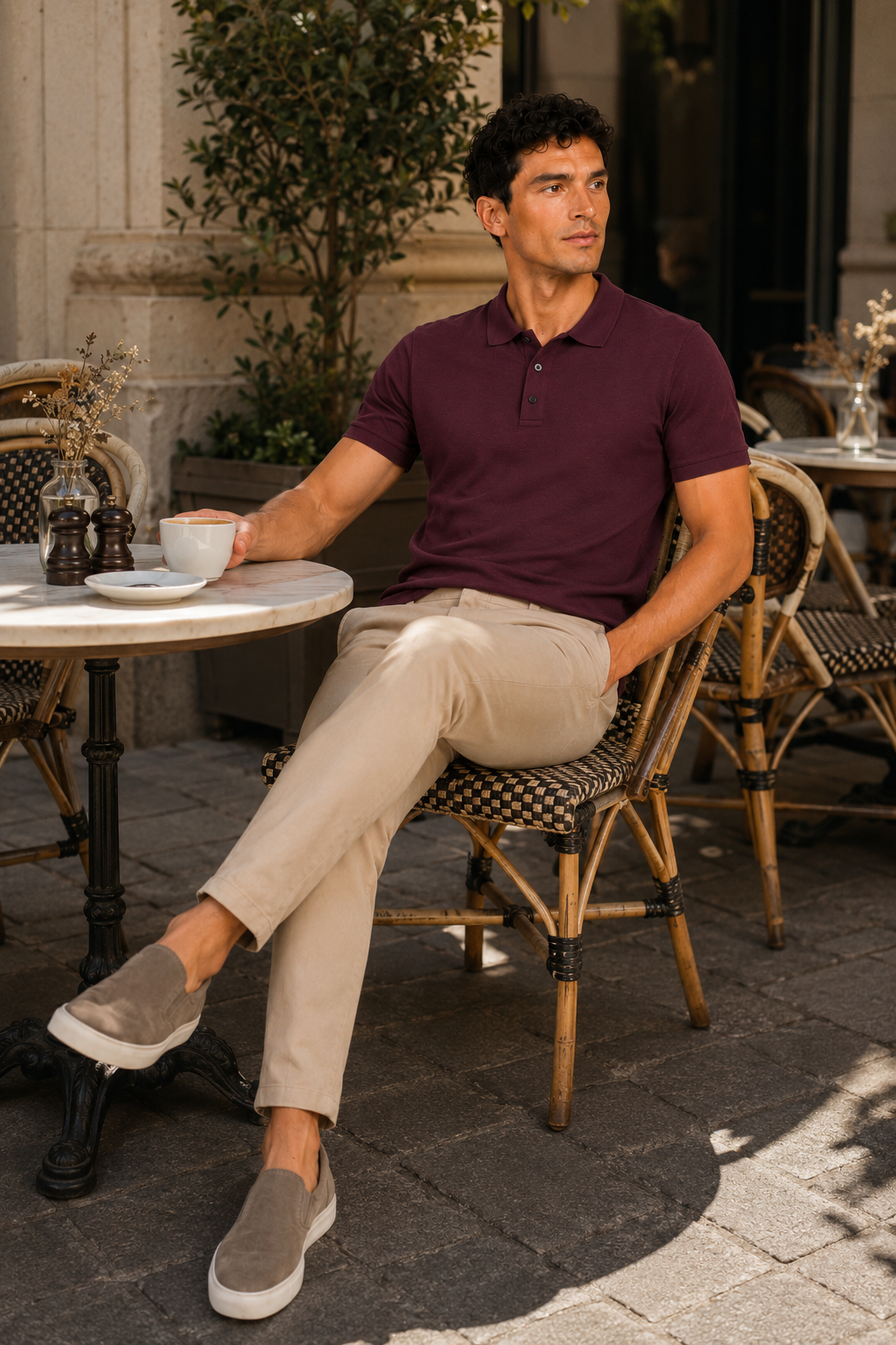 Man styling burgundy polo shirt in a relaxed summer lifestyle outfit for golf and casual wear