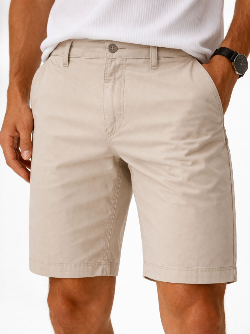 Beige cotton chino shorts for men comfortable lightweight breathable everyday summer outfit