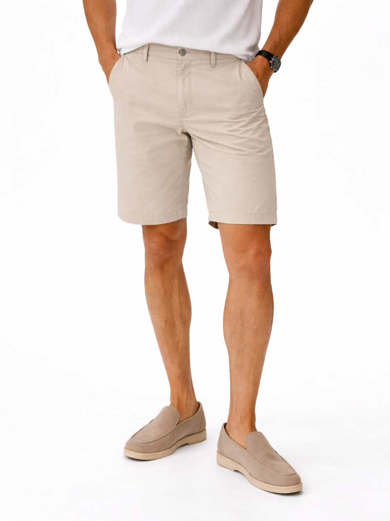 Men wearing beige cotton chino shorts soft breathable lightweight summer casual style