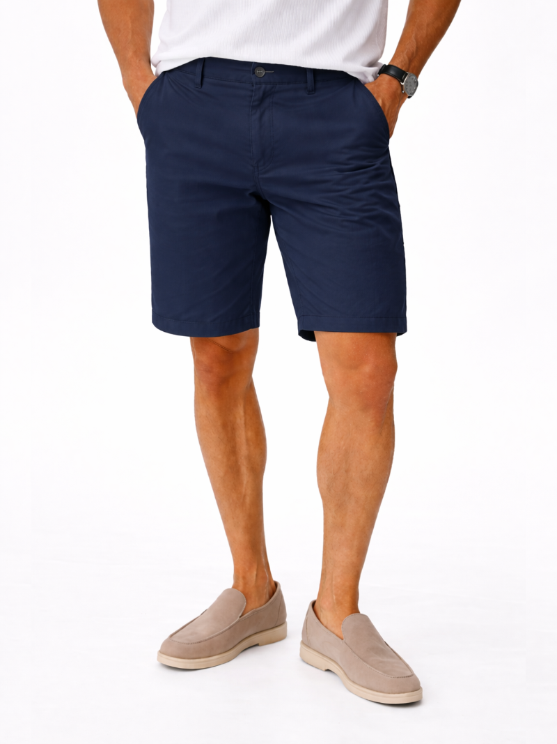Men wearing navy cotton chino shorts soft breathable lightweight refined summer style