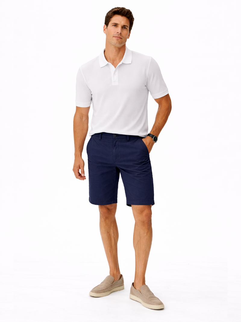 Navy cotton chino shorts lightweight breathable fabric minimal classic summer look