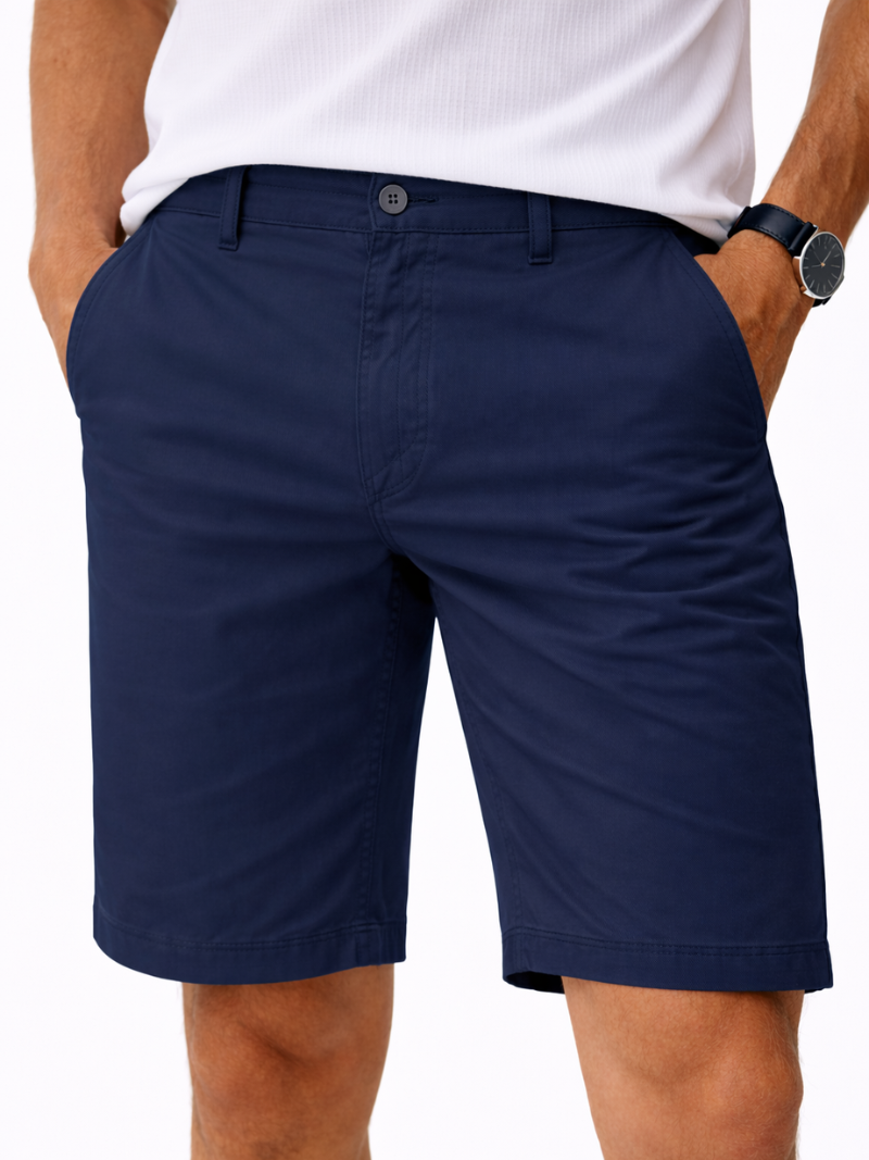 Navy cotton chino shorts lightweight breathable fabric minimal refined summer look