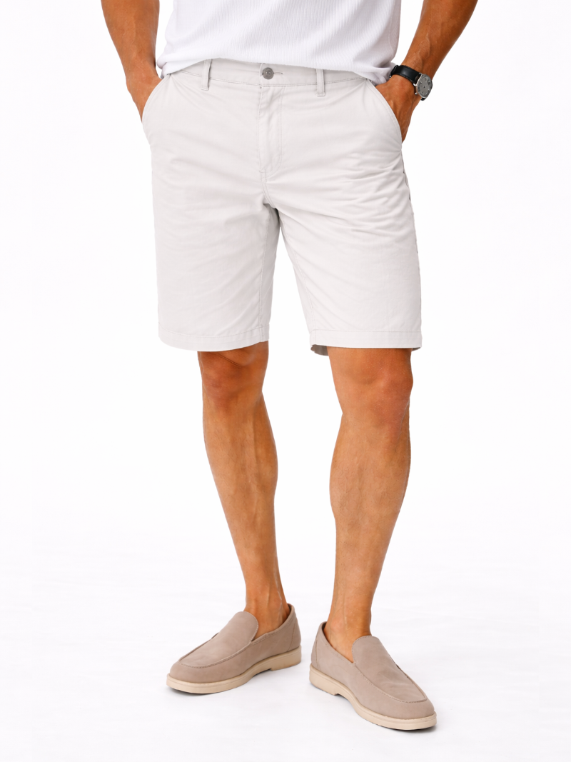 Men wearing white cotton chino shorts soft breathable lightweight summer casual style