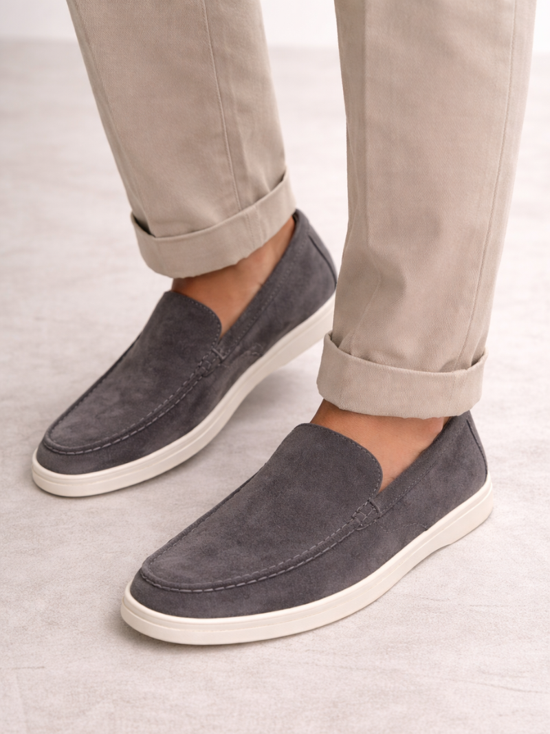 Men wearing charcoal suede leather loafers, modern slip-on moccasins for casual and driving