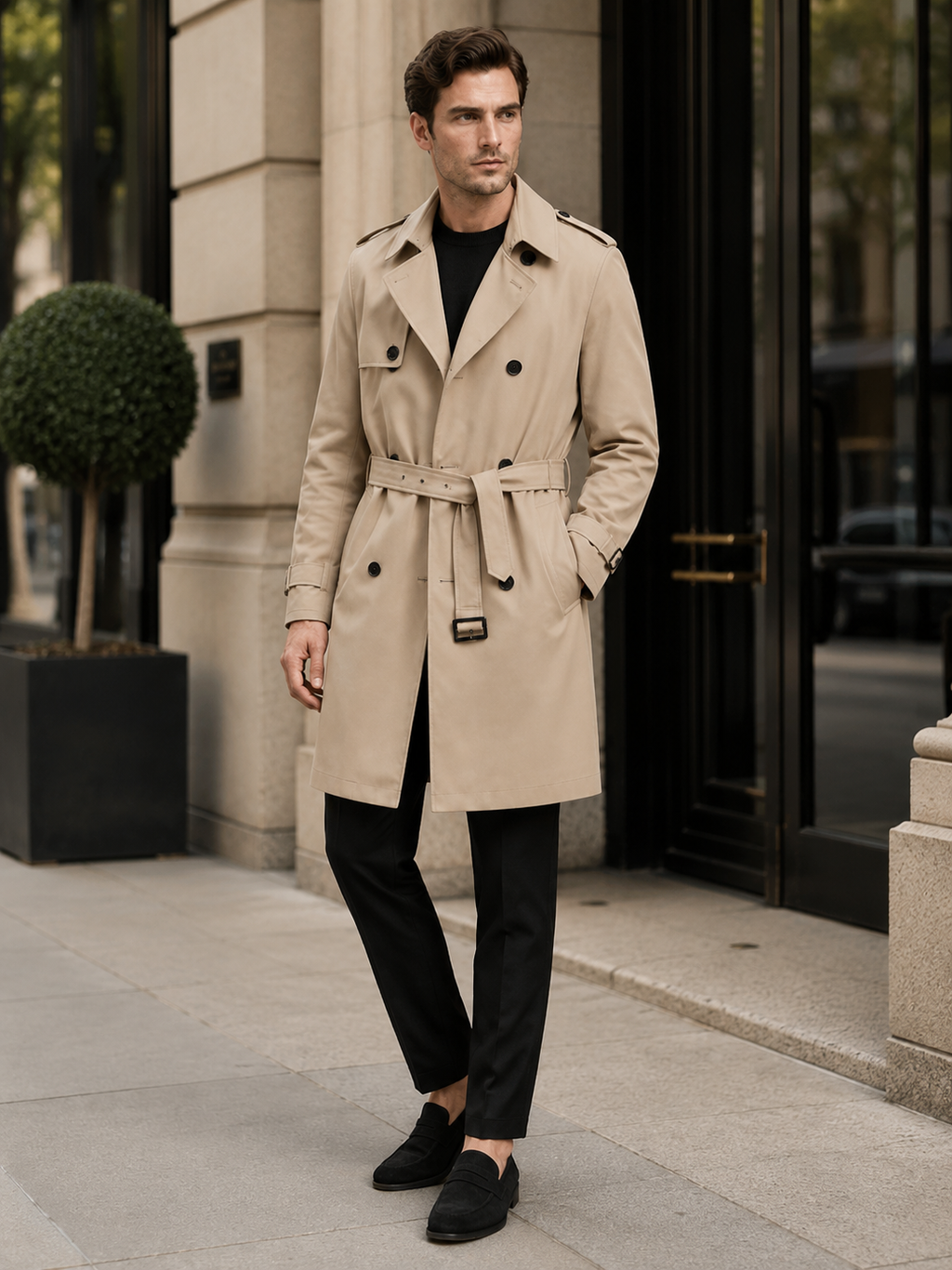 Man wearing a khaki double-breasted belted trench coat in a business casual fall winter outfit for everyday wear