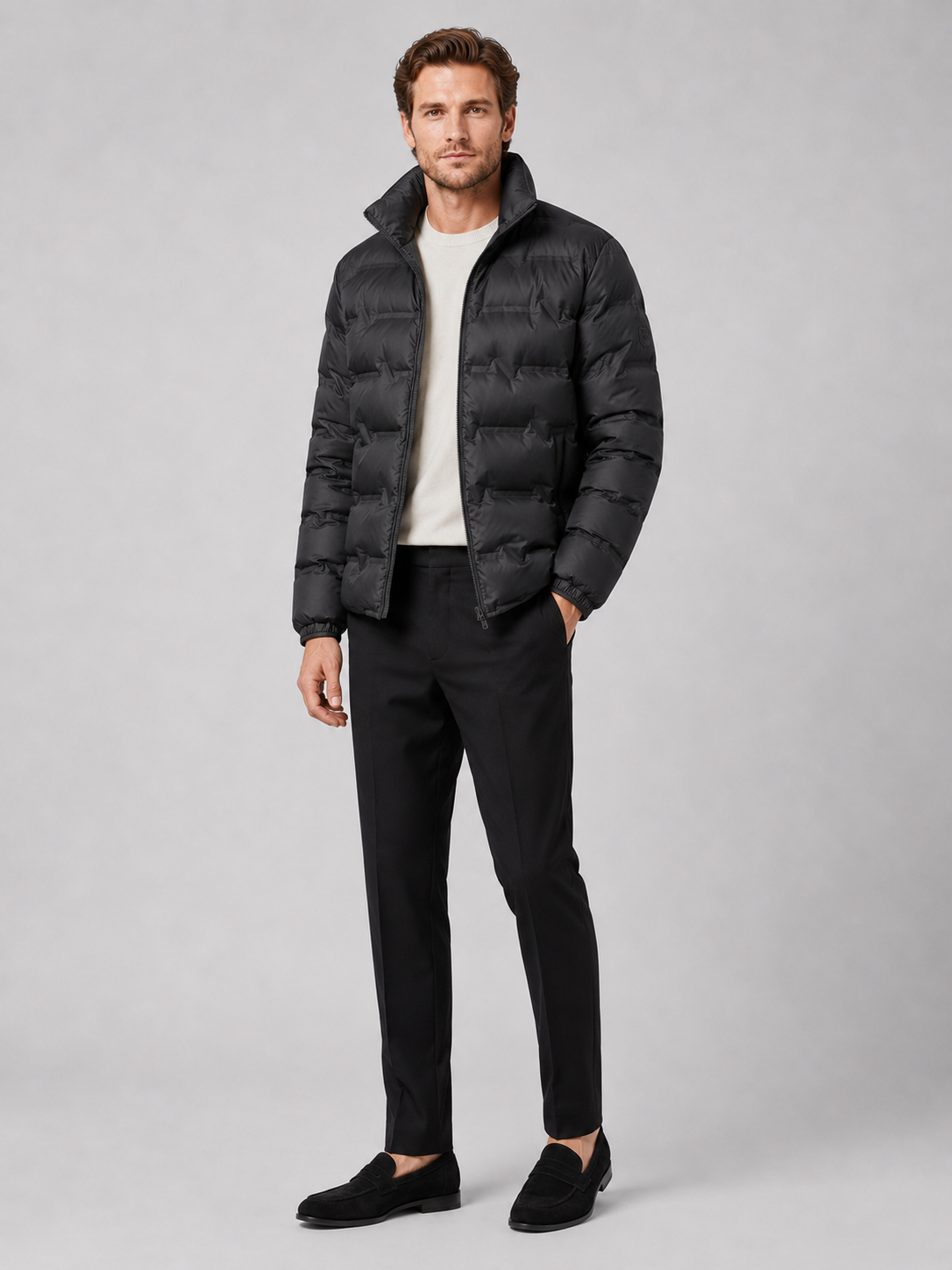 Black white duck down puffer jacket for men thick warm winter coat for outdoor and everyday wear