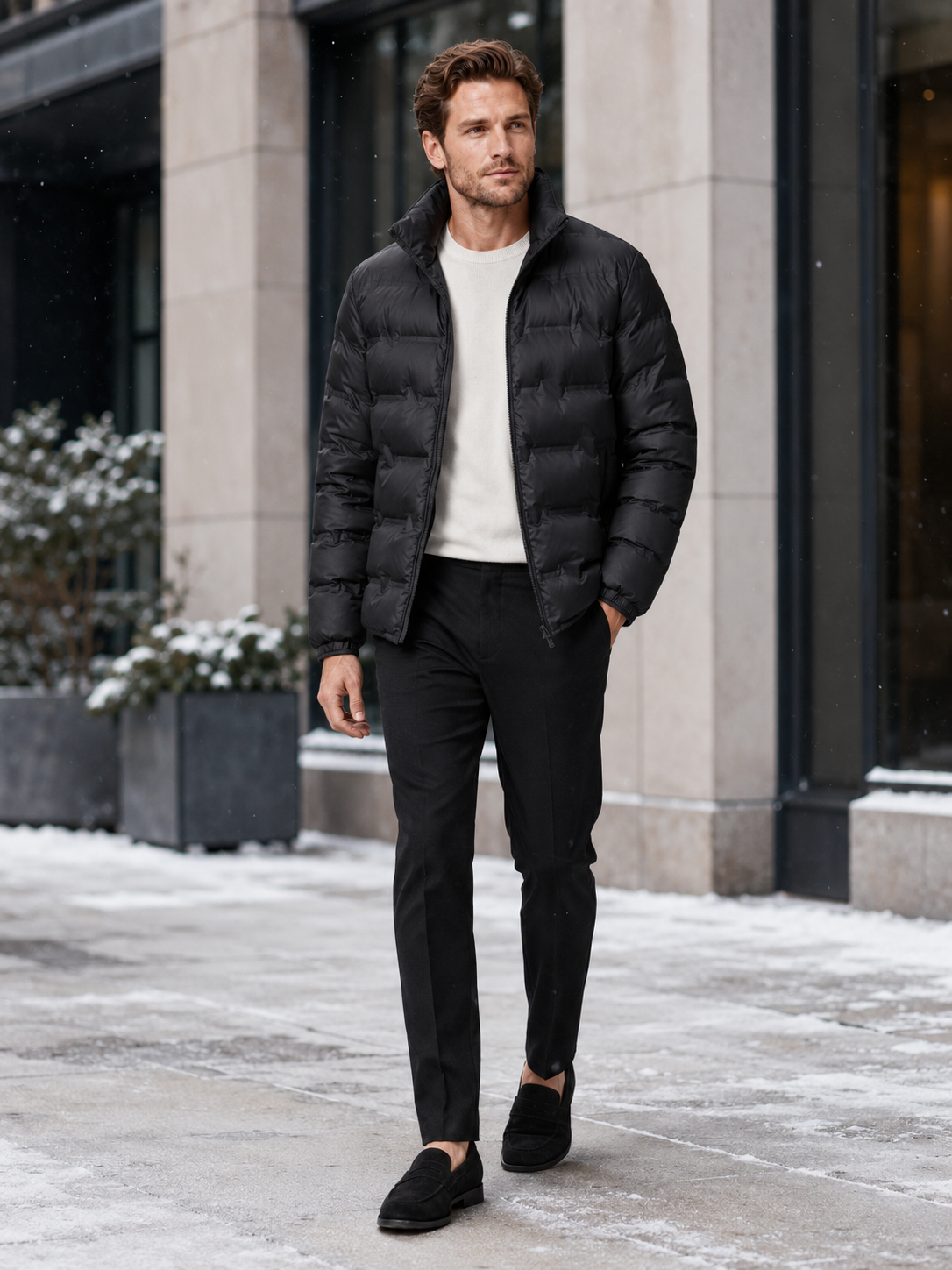 Man styling black white duck down puffer jacket in a modern outdoor and everyday winter lifestyle outfit