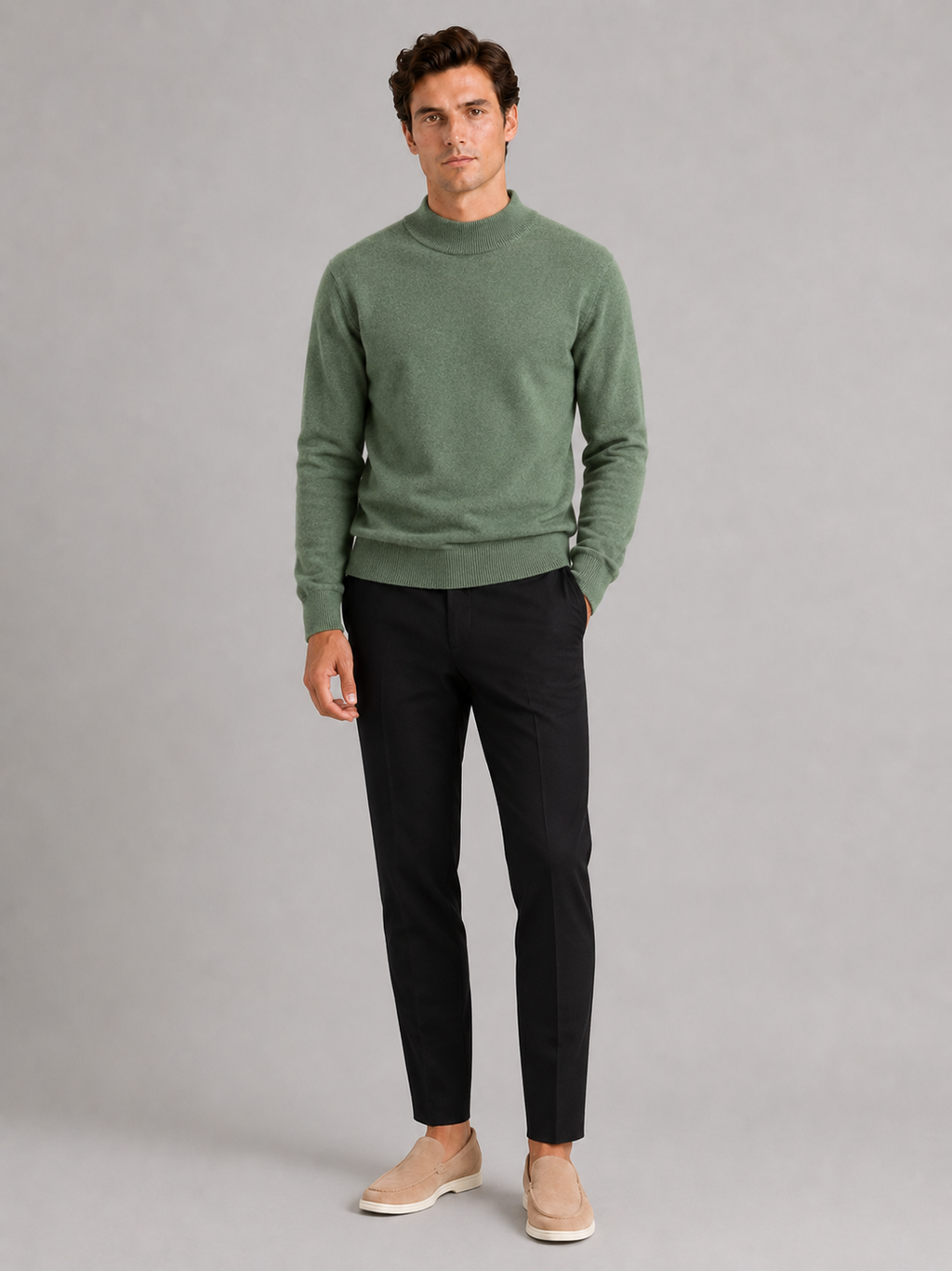 Green wool mock neck sweater for men warm winter pullover for everyday and office wear