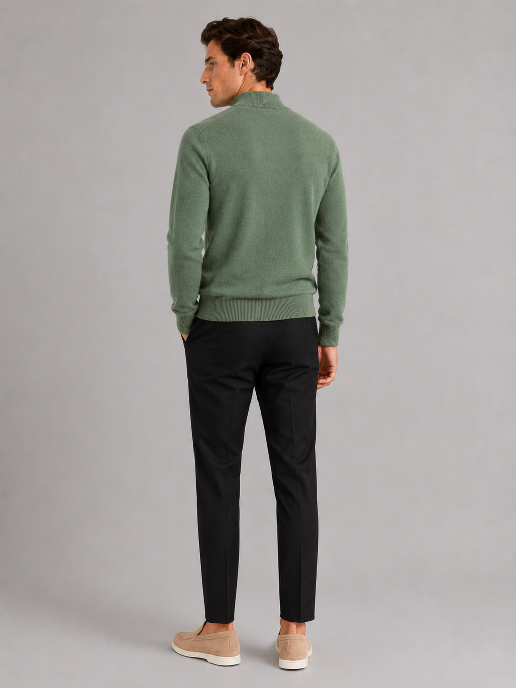 Men’s green 100 percent wool sweater comfortable knit top for business casual and smart casual outfits