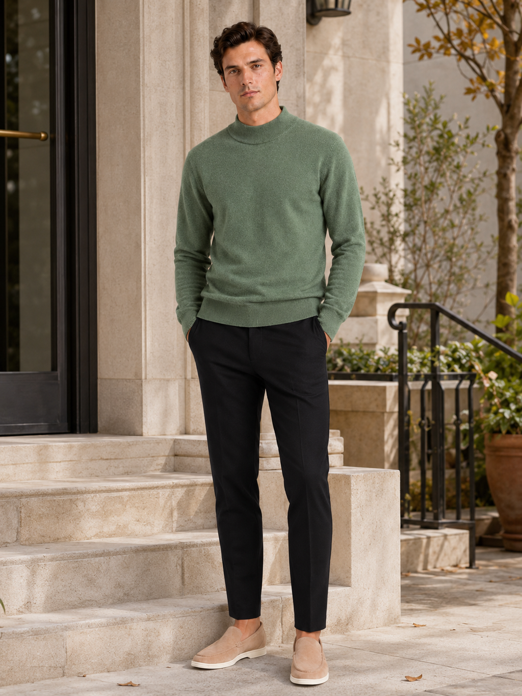 Man styling green wool mock neck sweater in a relaxed fall winter lifestyle outfit