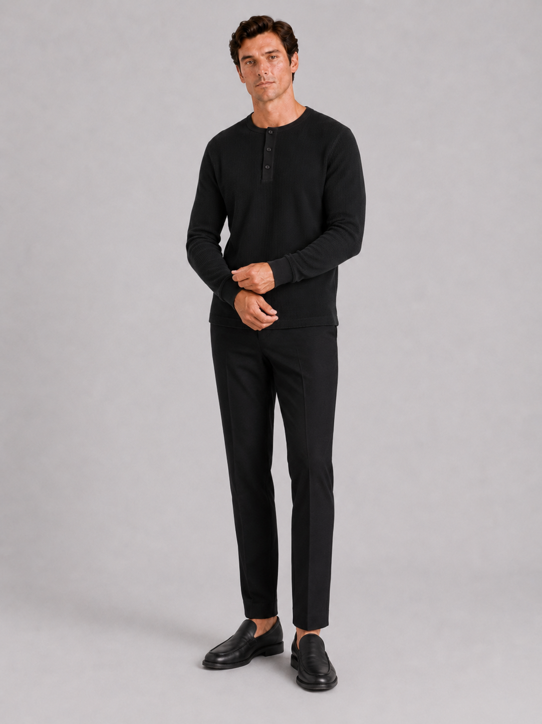 Black long sleeve henley shirt for men soft lightweight layering top for weekend wear