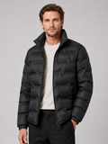 Men wearing black white duck down puffer jacket thick warm stand collar winter outdoor style