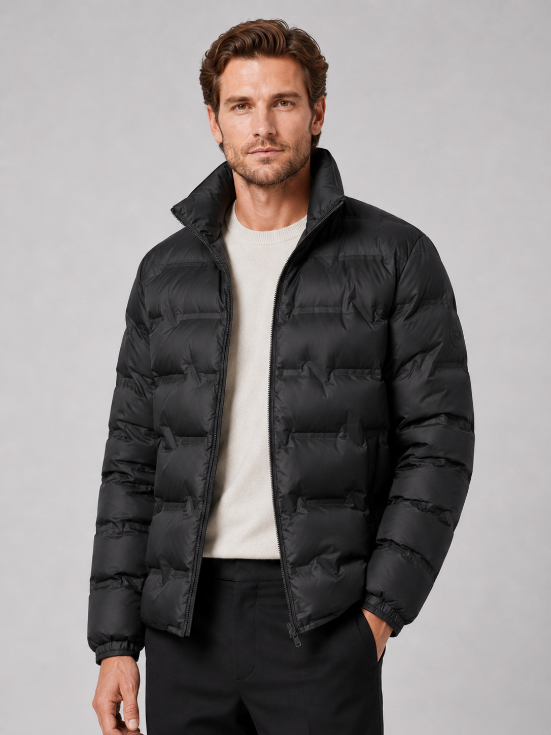 Men wearing black white duck down puffer jacket thick warm stand collar winter outdoor style
