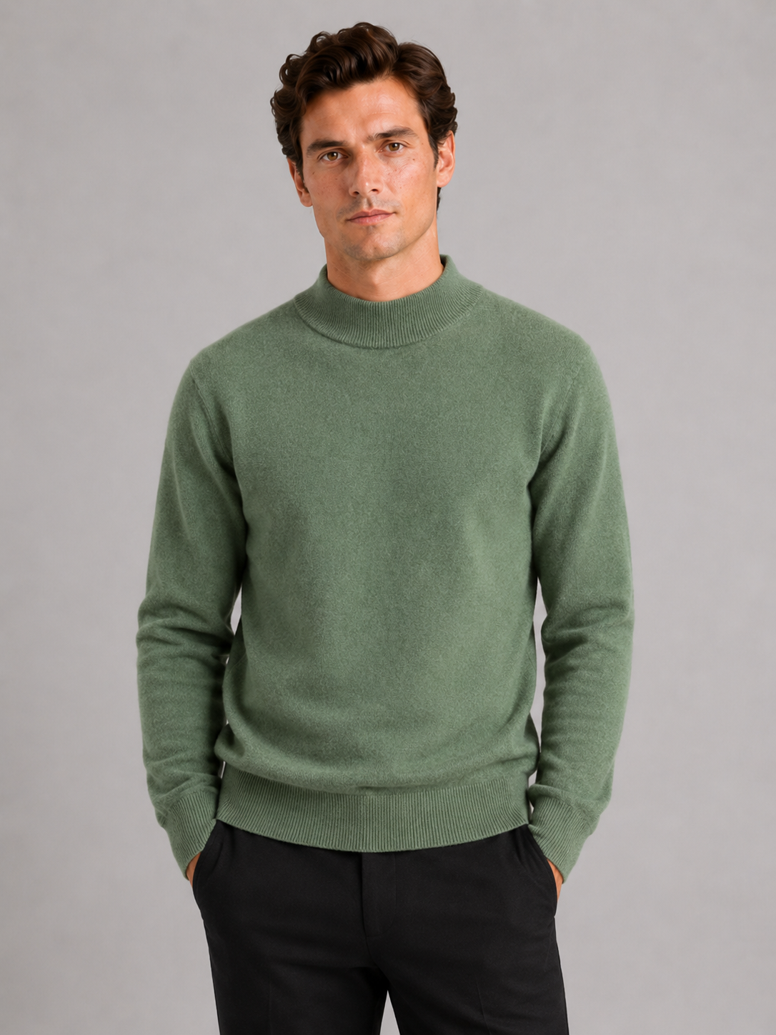 Men wearing green 100 percent wool mock neck sweater warm solid color fall winter business casual style