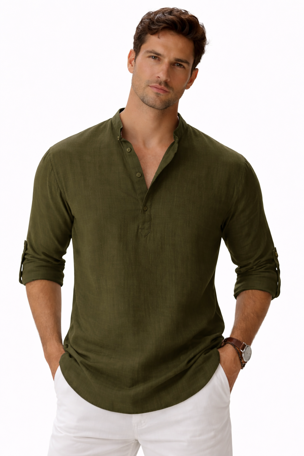 Men wearing green collarless linen shirt button up lightweight breathable relaxed summer style