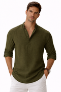 Men wearing green collarless linen shirt button up lightweight breathable relaxed summer style