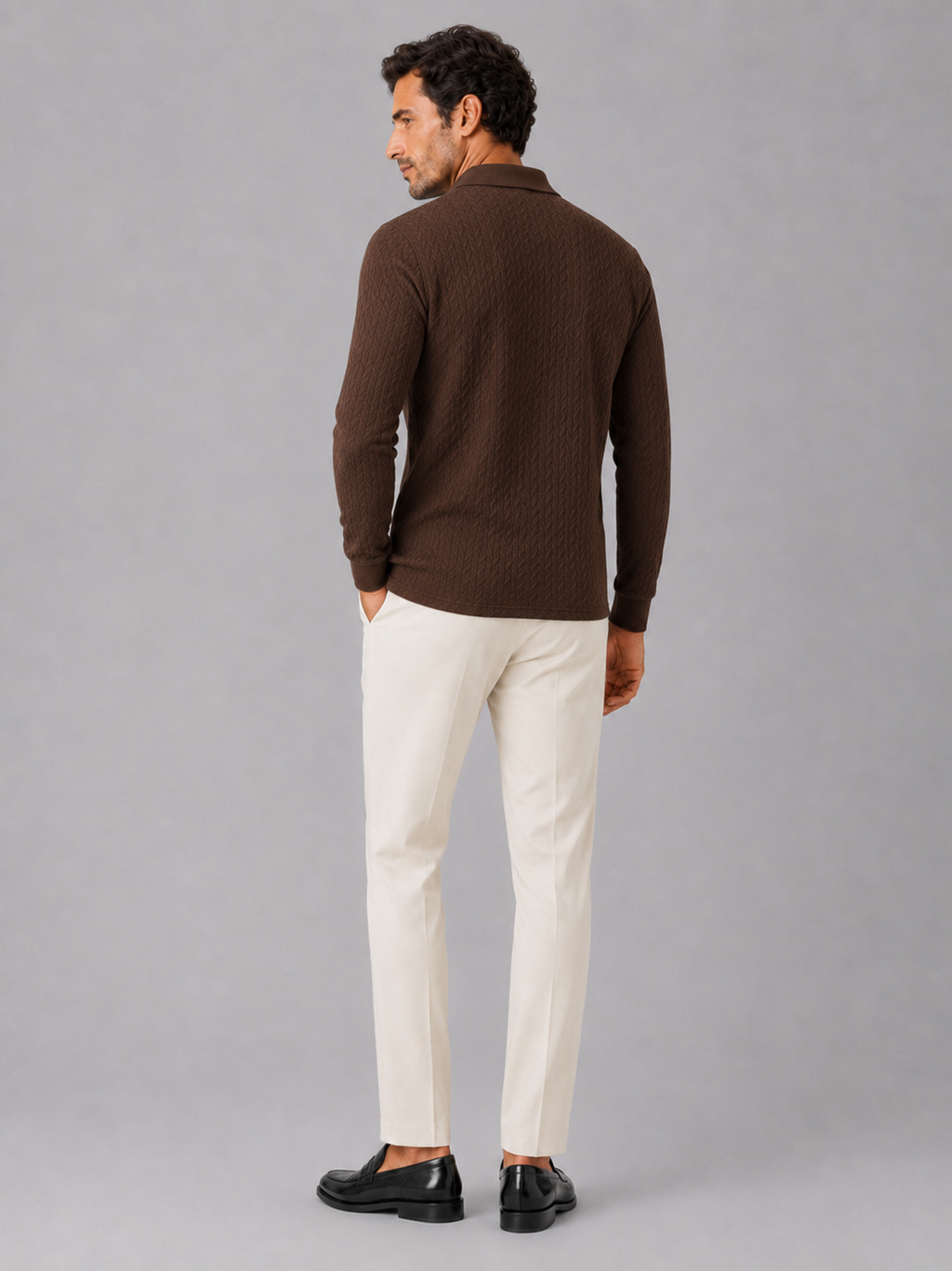 Men’s coffee business casual polo soft knit fabric for warm smart casual style