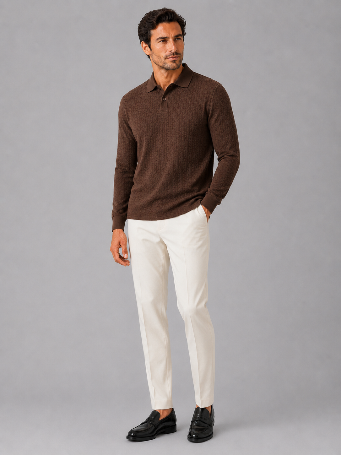 Coffee long sleeve polo shirt for men comfortable knit top for office and vacation outfits