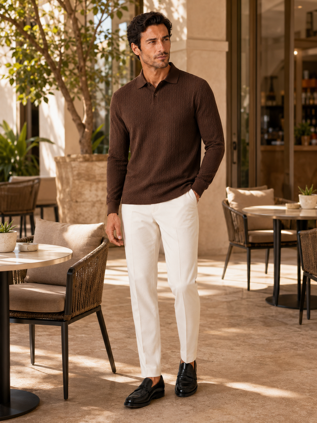 Man styling coffee long sleeve polo shirt in a refined office and vacation lifestyle outfit