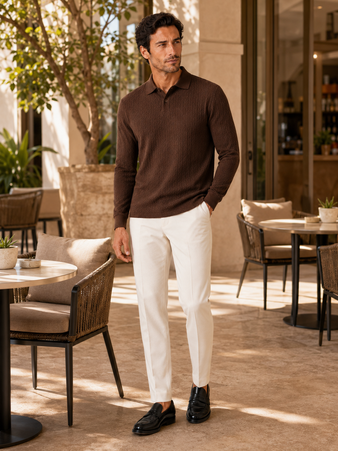 Man styling coffee long sleeve polo shirt in a refined office and vacation lifestyle outfit