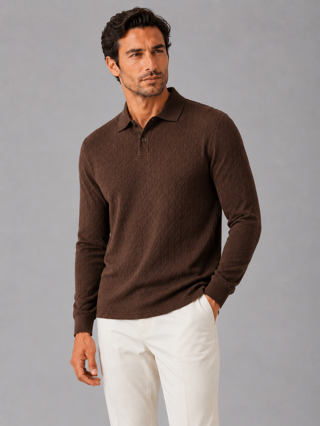 Men wearing coffee long sleeve polo shirt business casual knit top for smart casual wear