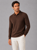 Men wearing coffee long sleeve polo shirt business casual knit top for smart casual wear