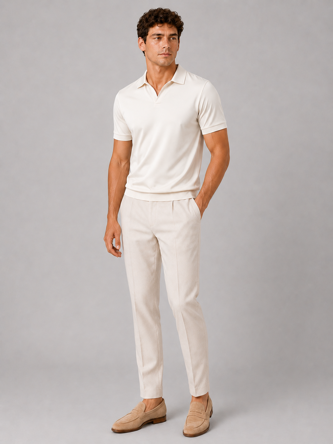 Cream silky touch polo shirt for men lightweight breathable vacation and summer wear