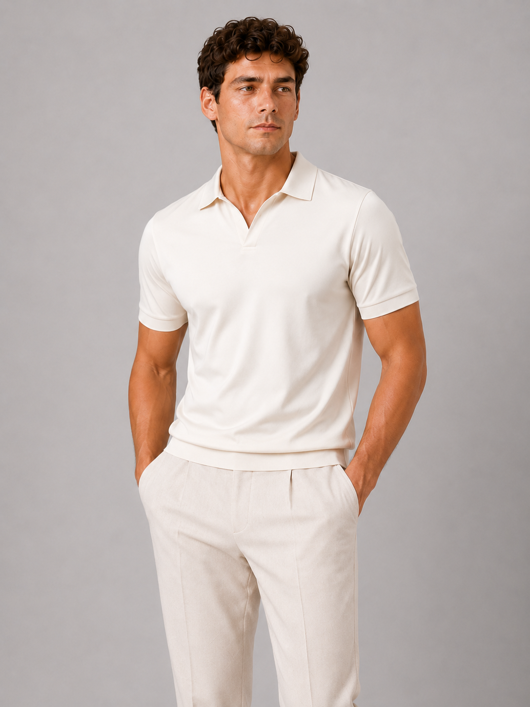 Men wearing cream silky touch polo shirt breathable soft summer business casual style