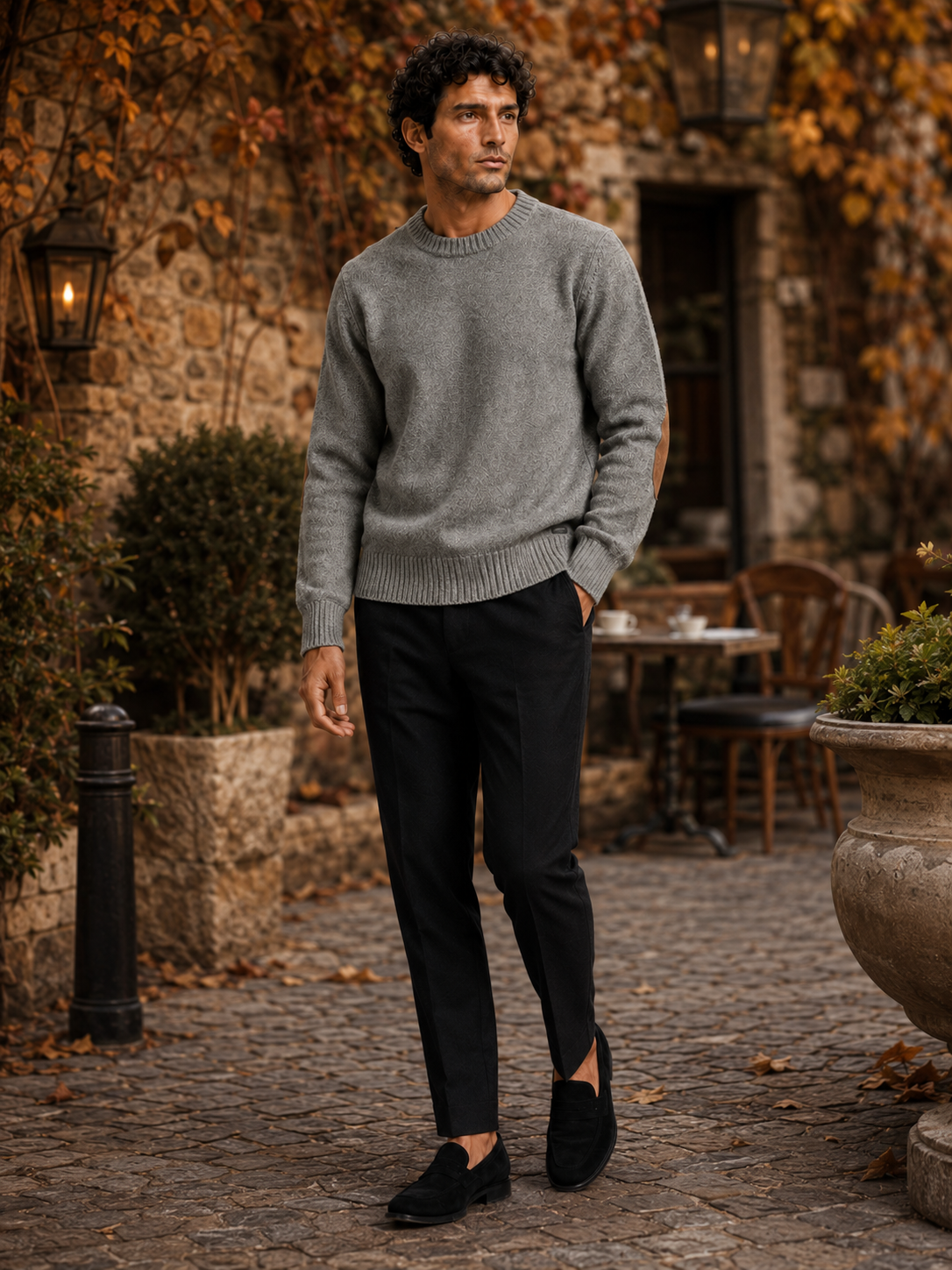 Man styling gray crew neck wool sweater in a relaxed fall winter lifestyle outfit