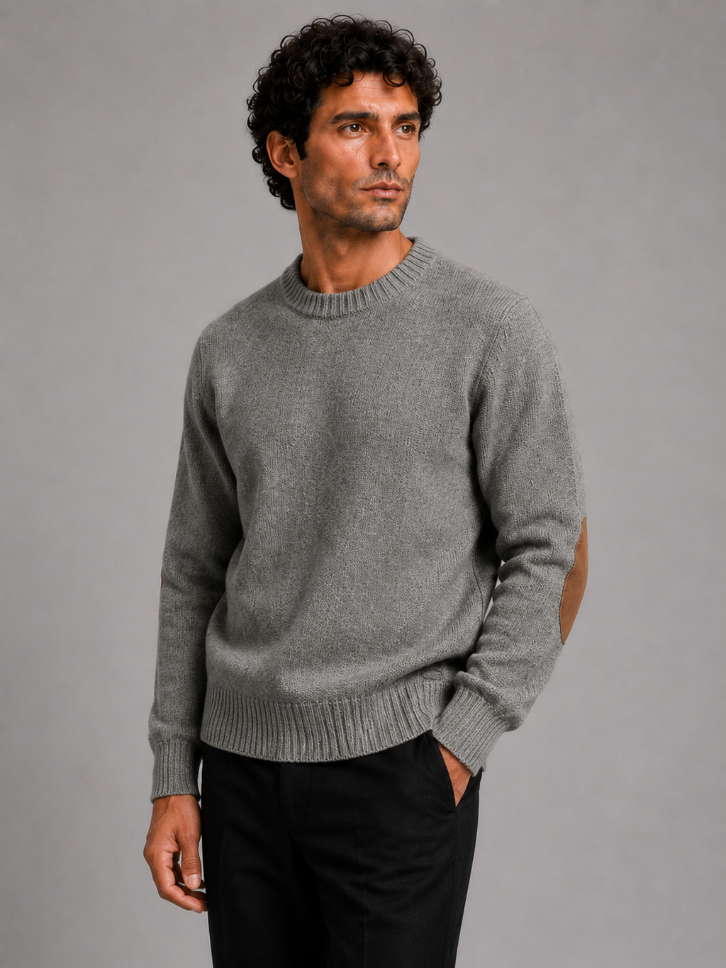 Men wearing gray crew neck wool knit sweater thick loose fit fall winter casual style