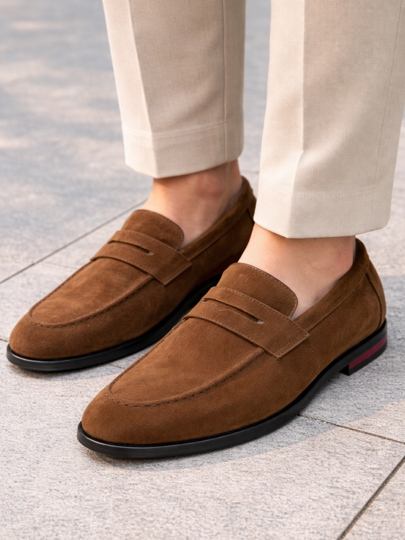 Men wearing dark brown suede leather loafers lightweight slip on driving shoes soft comfortable luxury style