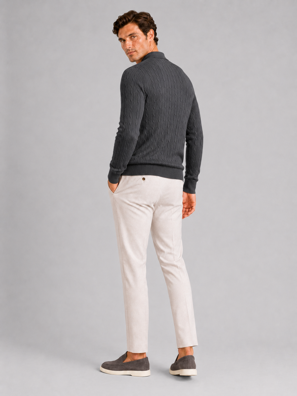 Men’s dark gray cable knit polo sweater comfortable top for smart casual outfits