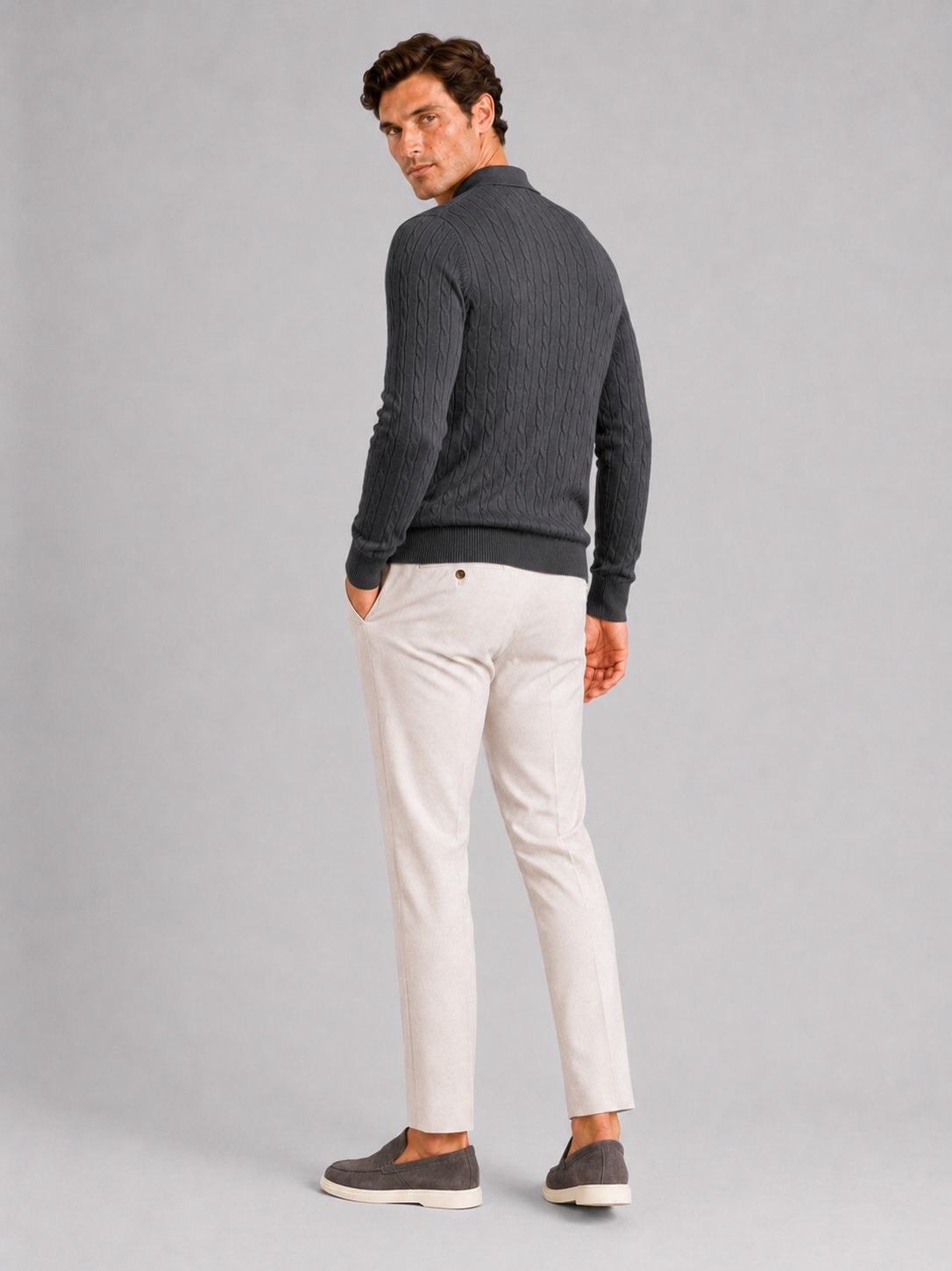 Men’s dark gray cable knit polo sweater comfortable top for smart casual outfits