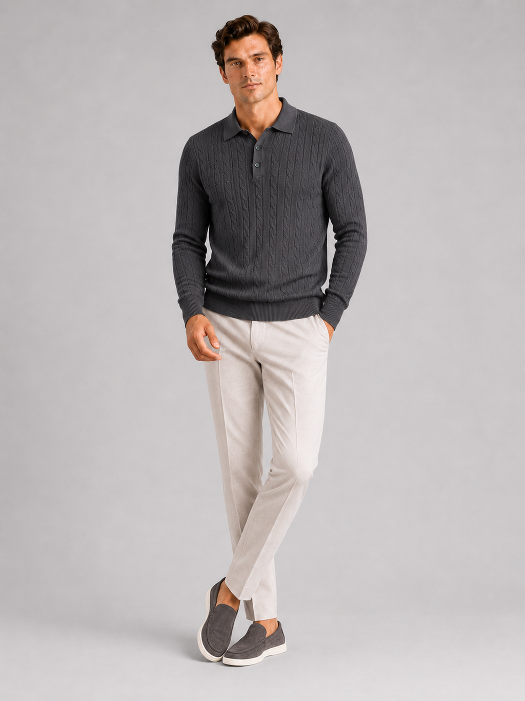 Dark gray long sleeve cable knit polo for men warm winter layer for everyday wear
