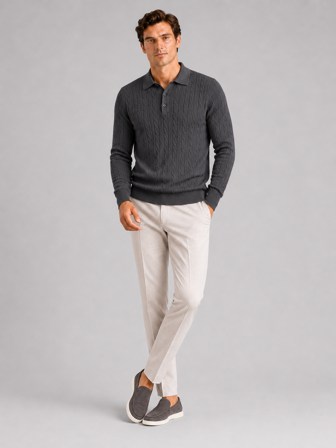 Dark gray long sleeve cable knit polo for men warm winter layer for everyday wear