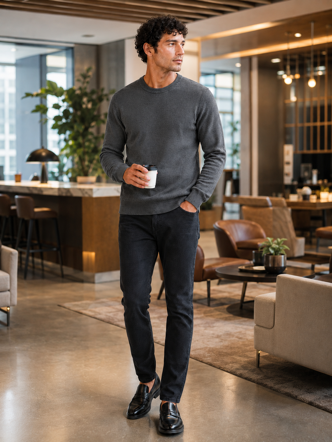 Man styling dark gray crew neck knit sweater in a clean fall lifestyle outfit