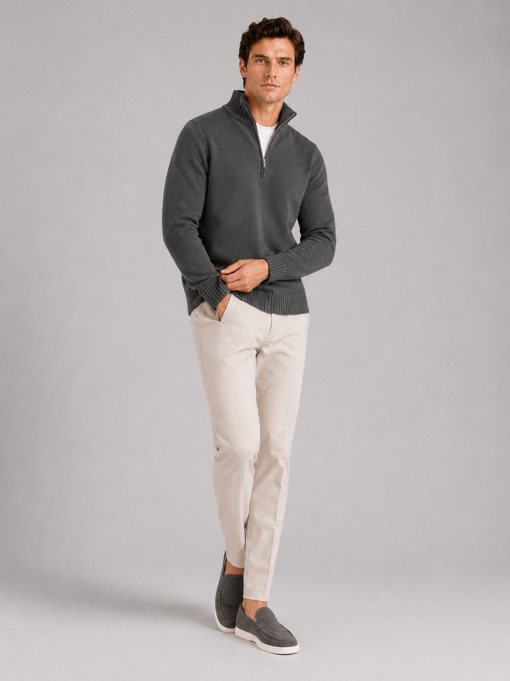 Dark gray half zip knit sweater for men long sleeve pullover for everyday fall wear