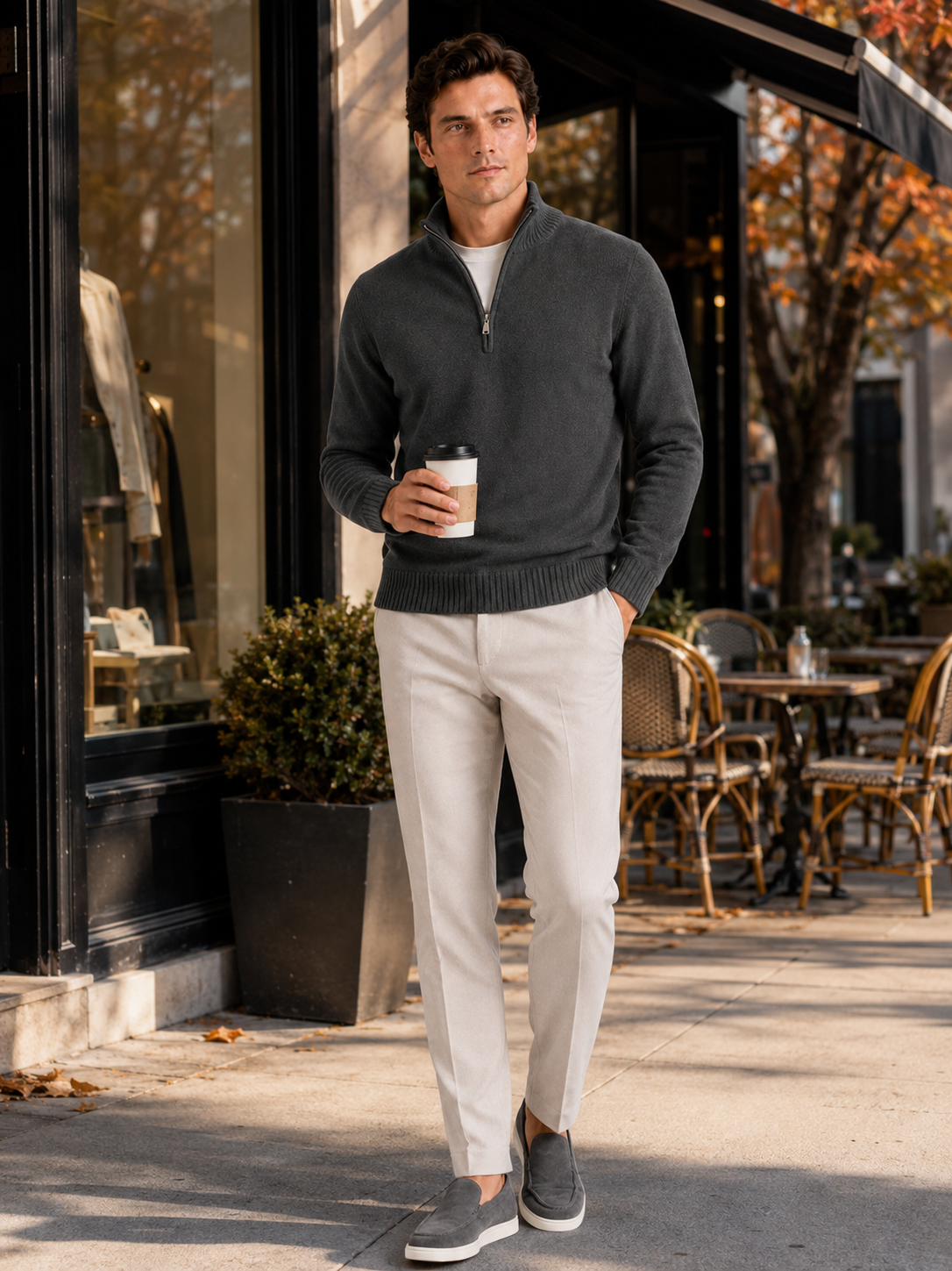 Man styling dark gray half zip sweater in a modern fall lifestyle outfit