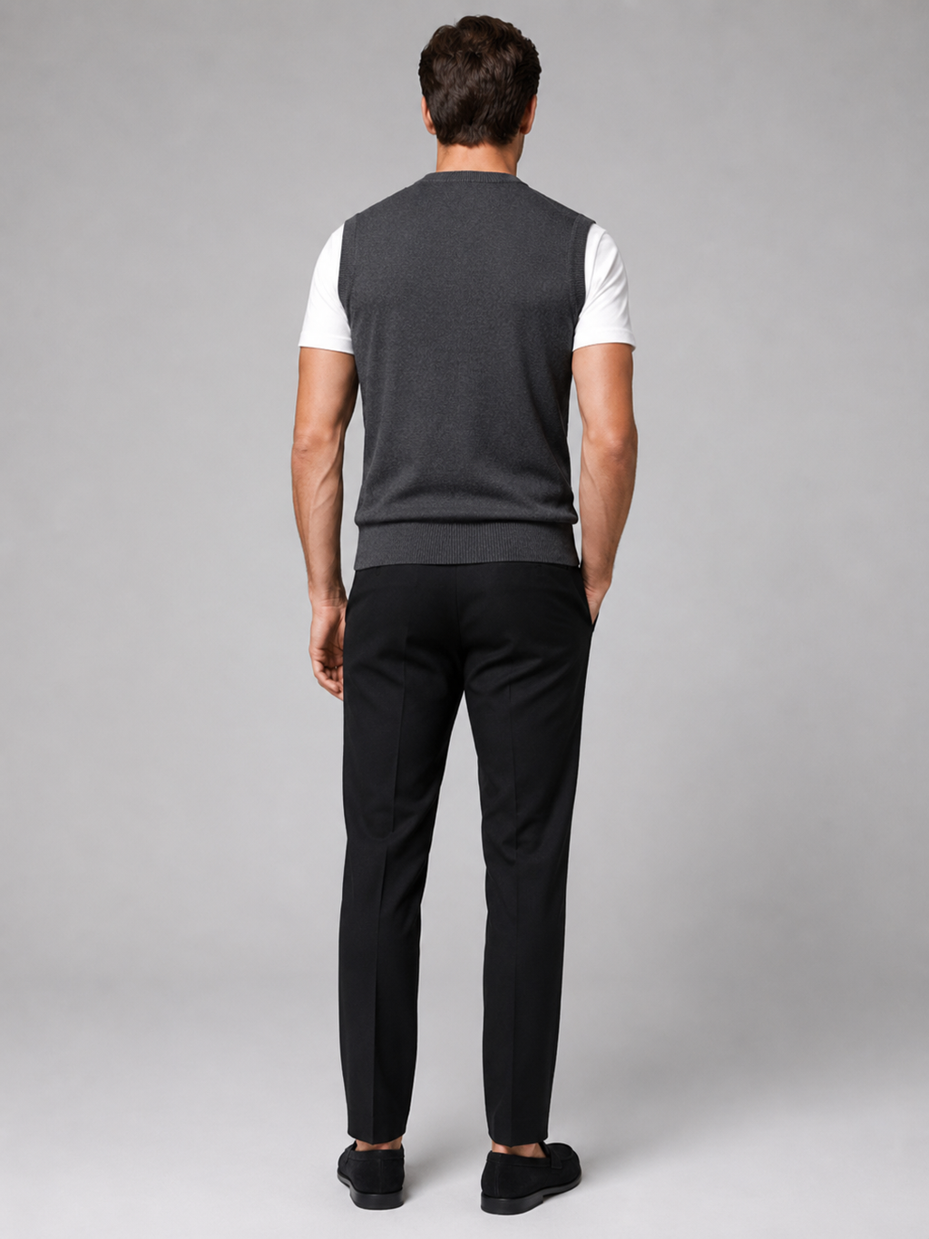 Men’s dark gray knit sweater vest comfortable fall winter layer for office and casual outfits