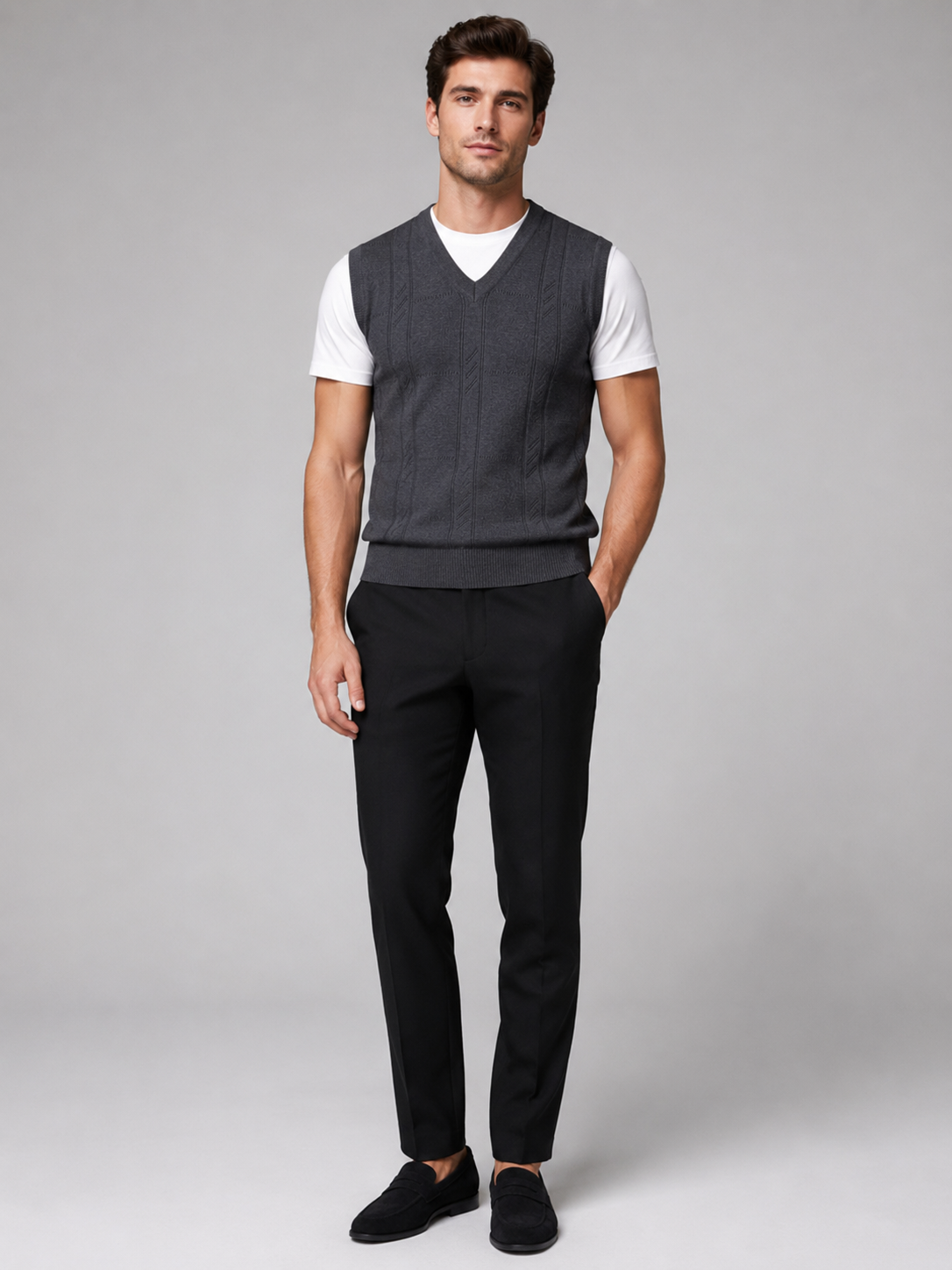 Dark gray sleeveless sweater vest for men warm knit layer for everyday wear