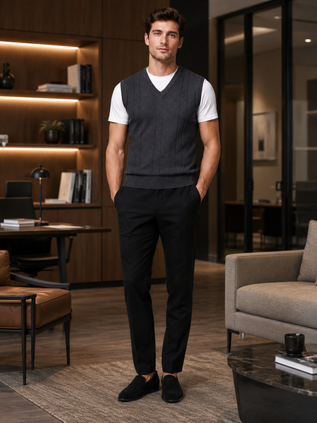 Man styling dark gray v neck sweater vest in a clean business casual everyday outfit