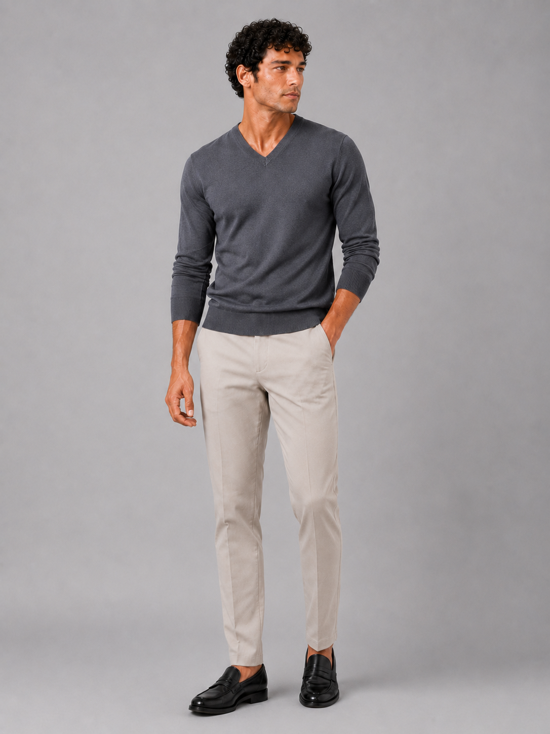 Dark gray v neck sweater for men slim fit long sleeve pullover for everyday fall wear