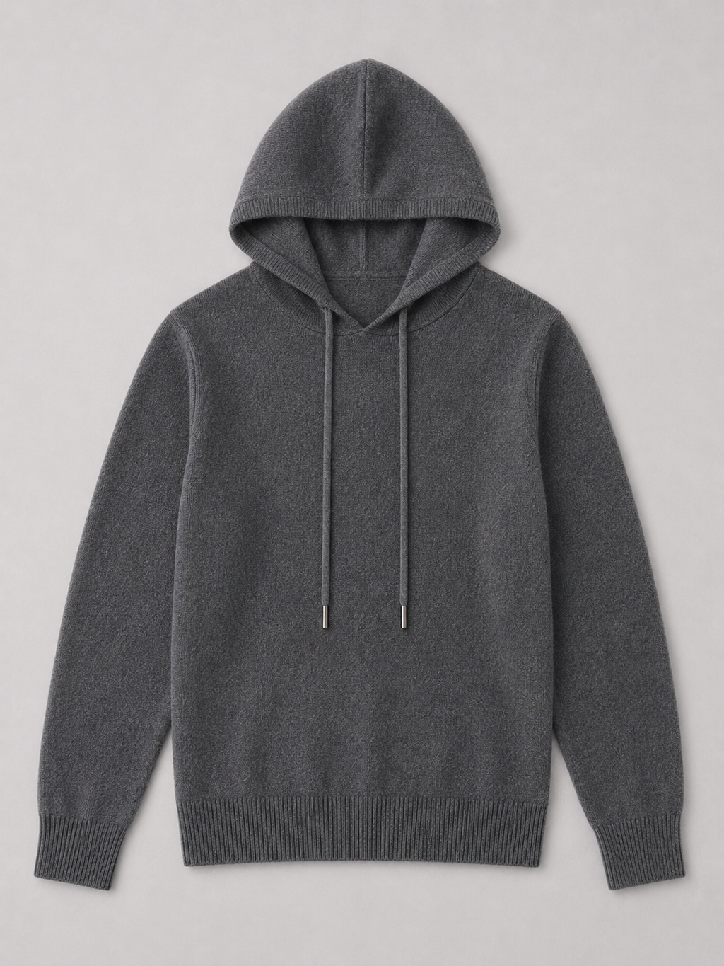 Dark gray men’s wool knit hoodie sweater displayed on a plain background