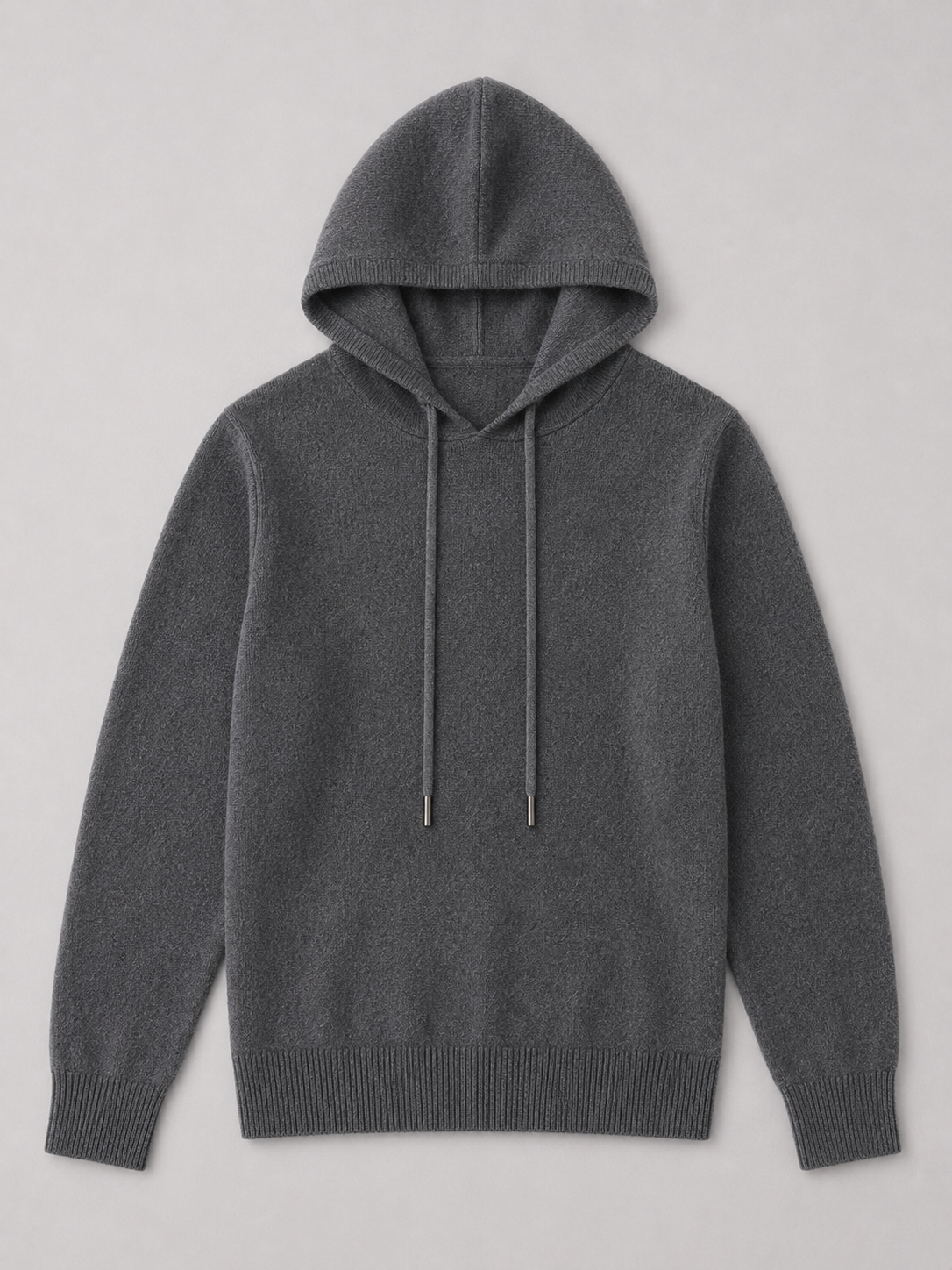 Dark gray men’s wool knit hoodie sweater displayed on a plain background