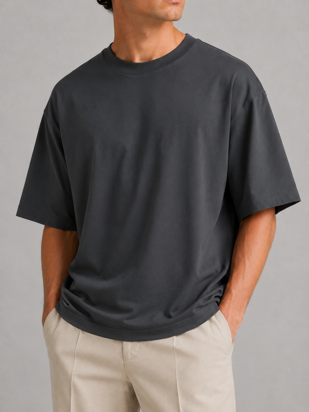 Dark gray oversized crew neck t shirt for men soft breathable fabric casual everyday outfit