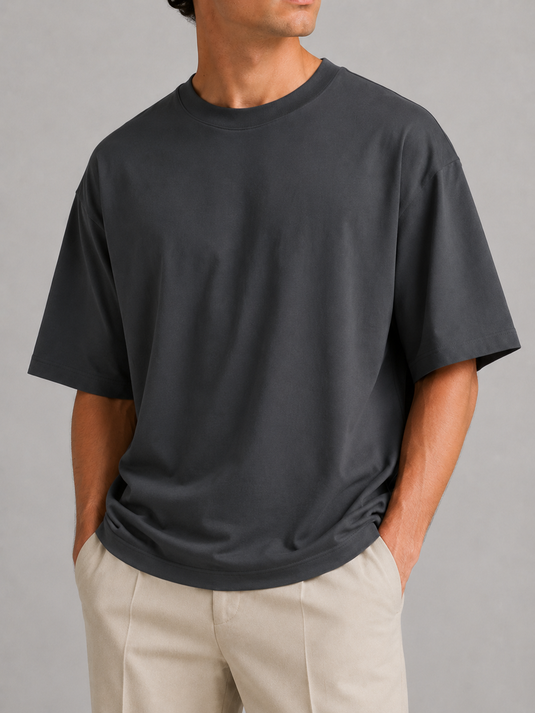 Dark grey oversized crew neck t shirt for men soft breathable fabric casual everyday outfit