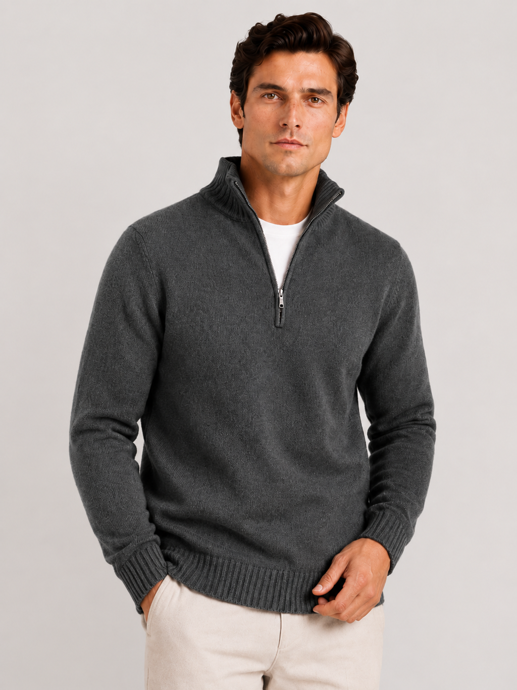 Men wearing dark gray half zip sweater long sleeve solid color knit pullover for fall everyday style